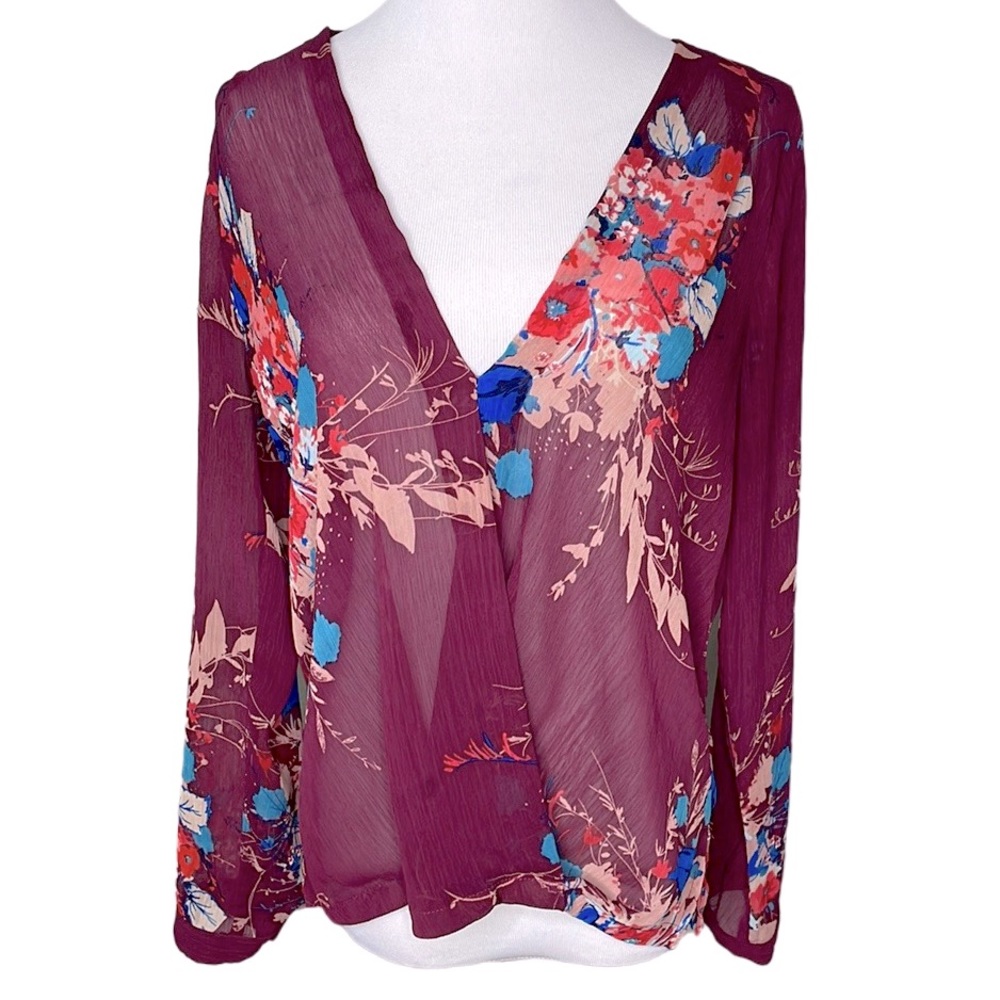 Three Eighty Two Floral Sheer Wrap Style Long Sleeve Top